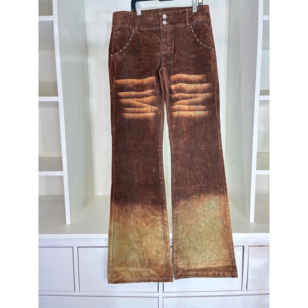 Outcast Pyra Pants Women Small Rust Brown Distressed Ombre Studded Flare OC6018